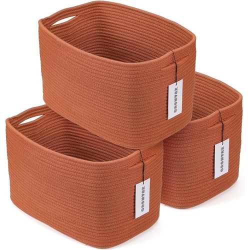 Cotton Rope storage Basket Bins Woven Basket for Organizing Shelves 15X10X9.3" Rectangle Decorative Baskets For storage Clothes Toys Books Towels Nursery basket organizer 3 pack Rust