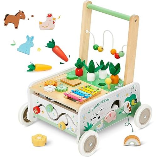 Wooden Baby Walker, Baby Push Walker, Adjustable Speed Baby Walker with Wheel, Toddler Activity Center Toys, Montessori Farm Walker Toy with Shape Sorter, Carrot Harvest for Boys and Girls