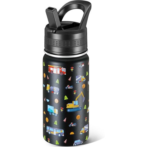 14 Oz Kids Water Bottle, Stainless Steel Water Bottle with Straws, Leak-Proof, BPA-Free, Insulated Water Bottles for School Boys & Girls|Black Car