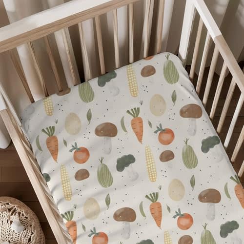Vegetable Pattern Baby Sheets for Crib, Unisex Vegetable Nursery Fitted Bed Sheet for Boys Girls Standard Crib and Toddler Mattress-28x52