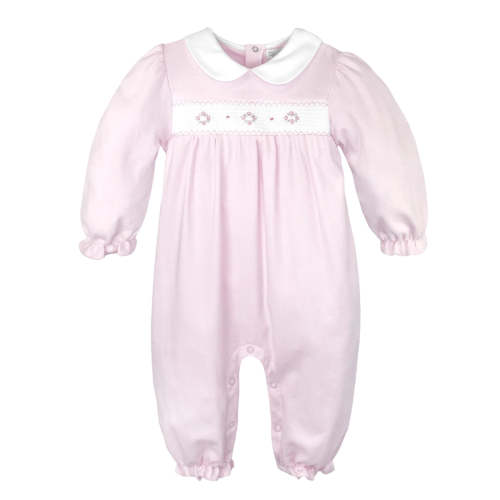 Pink Smocked Knit Flower Embroidered Longall