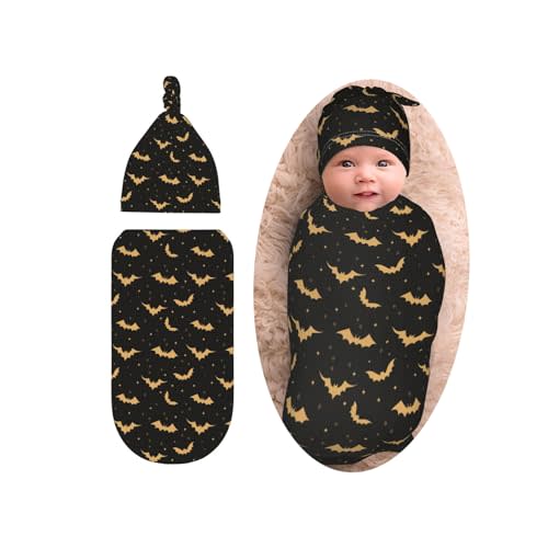 Halloween Bat Receving Blanket with Beanie Set, Goth Gothic Stuff Blanket for Girls Boys