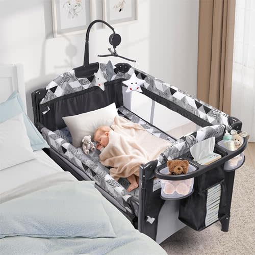 Xilingol 5-in-1 Baby Bassinet Bedside Sleeper, Portable Pack and Play with Changing Table, Baby Crib with Carry Bag, Cosleeper Attach to Bed for Newborn to Toddlers