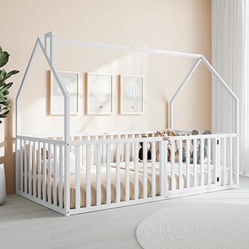 Comfy Cubs Kids House Gated Floor Bed Twin Size – 100% Pinewood Montessori Floor Bed with Safety Enclosure for Children Aged 5+, Fun Kids Playhouse Design for Sleep & Play - White
