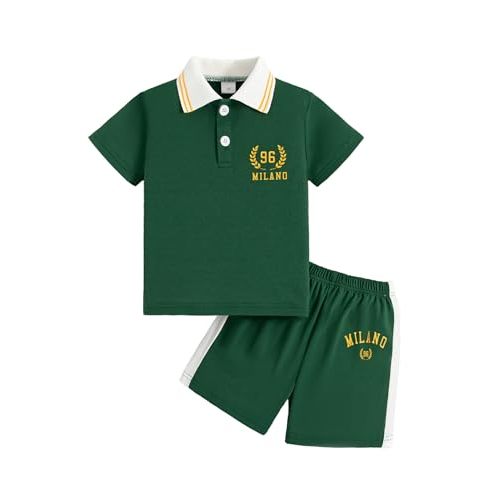 FRCLHWA Boy's 2 Piece Outfit Set Striped Print Polo Shirt and Drawstring Elastic Waist Shorts