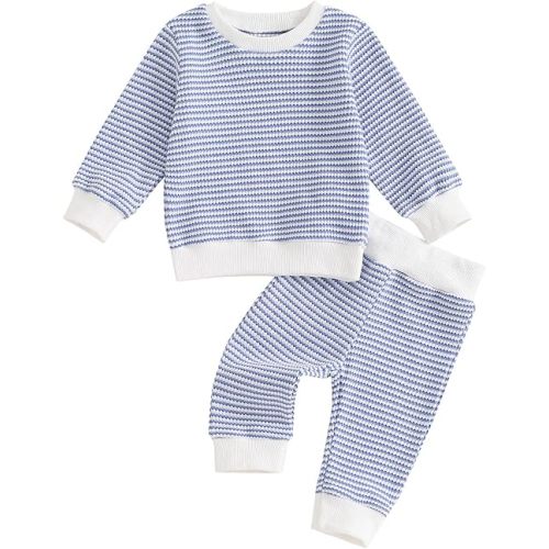 Baby Boy Fall Clothes Set Long Sleeve Crewneck Sweatshirts Pants Infant Newborn Waffle Stripe Outfits 6 12 18 24 Months