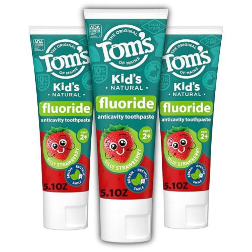 Tom's of Maine ADA Approved Fluoride Kids Toothpaste, Natural Toothpaste, Dye Free, No Artificial Preservatives, Silly Strawberry, 5.1 oz. 3-Pack (Packaging May Vary)