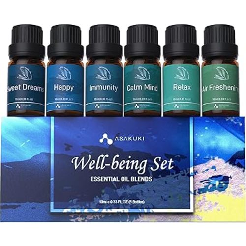 ASAKUKI Essential Oils, Essential Oil for Diffusers for Home, Well-Being Kit- Calm Mind, Sweet Dreams, Happy, Relax, Air Freshening, Immunity for Aromatherapy, Humidifiers, Massage, 6x10ml