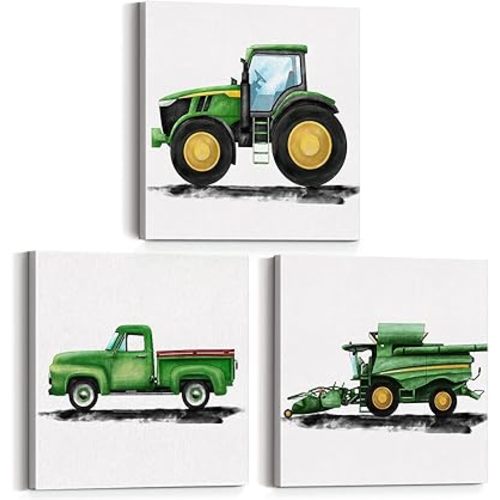 Set of 3 Tractor Nursery Farm Vehicles Framed Wall Art Decor Watercolor Old Farm Truck Canvas Paintings Prints Posters for Home Kids Toddler Boys Bedroom, 12x12 Inch