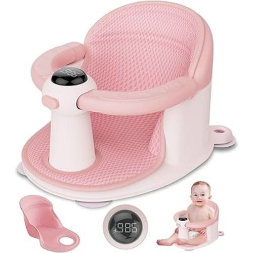 TOSGN Baby Bath Seat-for Babies 6 Months & up, Water Temperature Display+Soft Cushion, Non-Slip Toddler Bath Seat for Baby, Sit Up Bath Seat for Baby, Pink