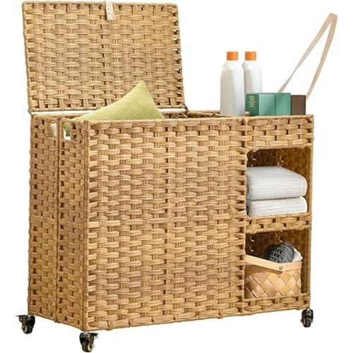 Laundry Hamper with Wheels, 42.3 Gal.(160 L) Laundry Sorter with Shelves, Rattan Clothes Hamper with 4 Removable Liners & 3 Mesh Bags, Handwoven Organizer for bedroom, bathroom, laundry room, Natural