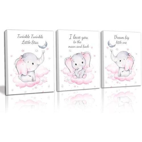 Watercolor Elephant Quote Art Print,Elephant Nursery Canvas Wall Art,Pink Animals Nursery Wall Decor,Wall Decoration of Kindergarten Girls' Bedroom(8”X10”X3 pcs, Framed)