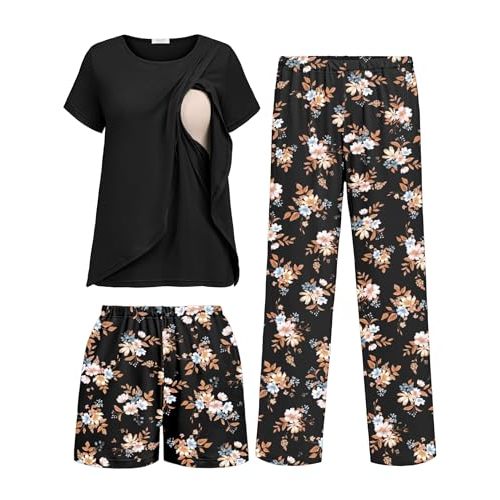 Ekouaer 3 PCS Maternity Nursing Pajamas Set Postpartum Breastfeeding Short Sleeve Shirts, Pregnancy Shorts & Pants Pjs S-XXL