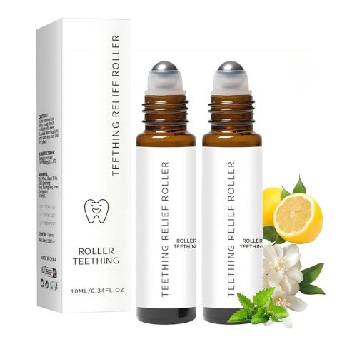Teething Roller All Natural for Babies, Natural Gum Relief with Chamomile & Rose Oil, Gentle Massage Applicator for Soothing Infant Teething Pain, Essential Oil Massage Roller -2PCS