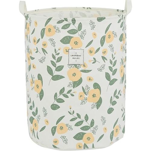 Large Foldable Laundry Basket Organizer Holder portable tall collapsible laundry hamper nusery Storage Basket Bin with Handles Closure (Waterproof Lining, Floral Green Orange)
