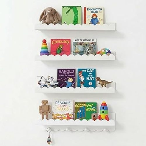 Nursery Book Shelves, Set of 4 White Floating Shelves for Wall Kids, 16.5” Scalloped Shelves, Wall-Mounted Book Shelf Decor for Kids, Wave Style