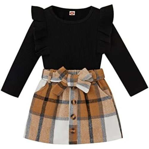 Toddler Baby Girl Skirt Set Knitted Ribbed Ruffle Long Sleeve T-Shirt Tops Plaid Skirt Fall Winter Clothes Outfits