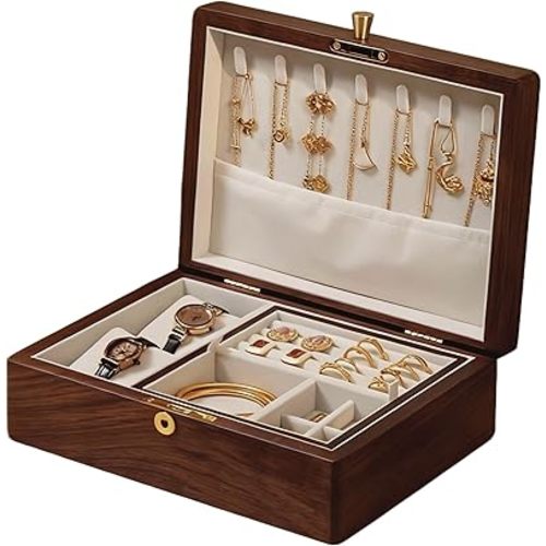 Bescott 2 Layer Solid Black Walnut Wooden Jewelry Box with Lock and Key for Women Wood Vintage Organizer for Men Earrings Rings Necklaces Bracelet Watch Storage Mother's Day Gift