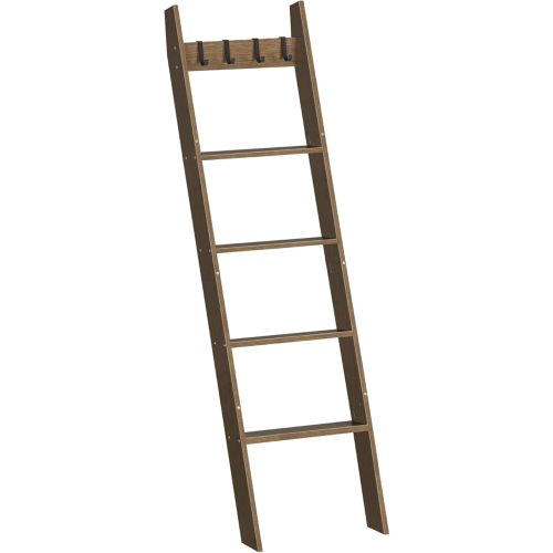 HOOBRO Blanket Ladder for Living Room and Bedroom, 5-Tier Wall Leaning Towel Rack for Bathroom, Decorative Ladder Shelf with 4 Removable Hooks, Farmhouse Blanket Storage, Mocha MA51CJ01G1