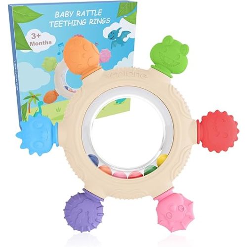 Baby Teething Toys, Silicone Teether for Babies 3 6 12 18 Months, Dinosaur Baby Teething Ring Rattle Teether Sensory Chew Toys for Toddler Infant, Newborn Stuff Essential Gift, BPA Free