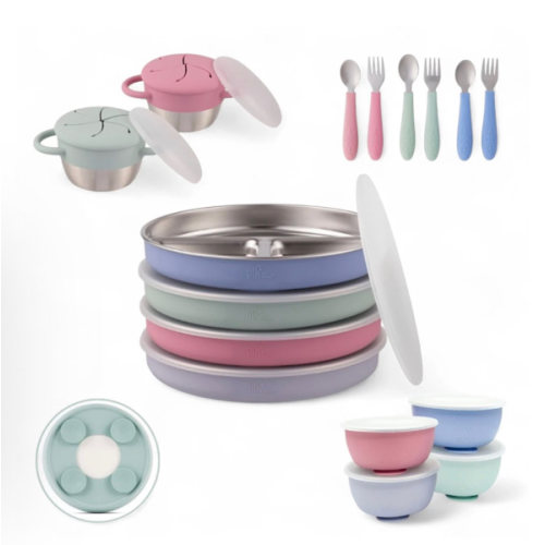 Stainless Steel Mealtime Bundle | Sucton Sleeves | Plates, Bowls, Snack Cups + Toddler Utensils | 16 Pcs | Blush/Lilac/Sage/MistyBlue