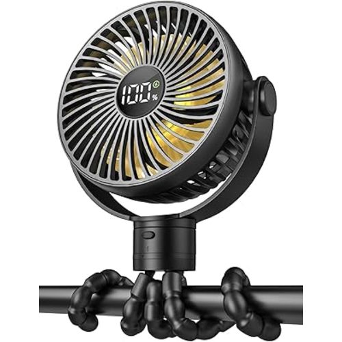 Coohea Portable Stroller Fan, 25H Long-lasting, 4 Speed, Night Light, Black