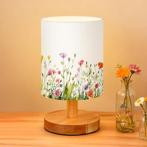 VIHOSE Wild Flower Kids Table Lamp for Bedroom Kids Bedside Lamp with Linen Wooden Nightstand Cartoon Nursery Lampshade for Girls Boys Living Room