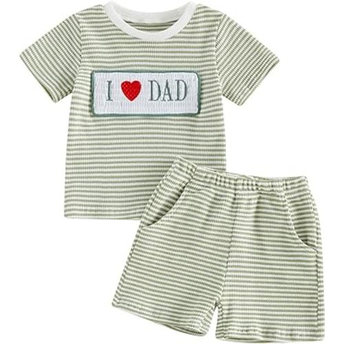 Toddler Baby Boy Mothers Day Outfit I Love Mom Striped Smocked Short Sleeve Waffle Knit T-Shirt and Shorts 2Pcs Set
