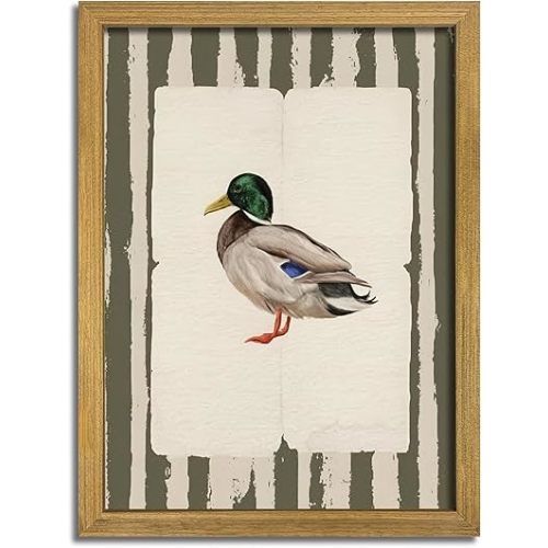 Vintage Framed Duck Wall Art Print, Rustic Mallard Bird Illustration Canvas Poster, Cottagecore Animal Artwork, Farmhouse Nature Wall Decor for Living Room Kitchen Bathroom Bedroom 12x16 inch