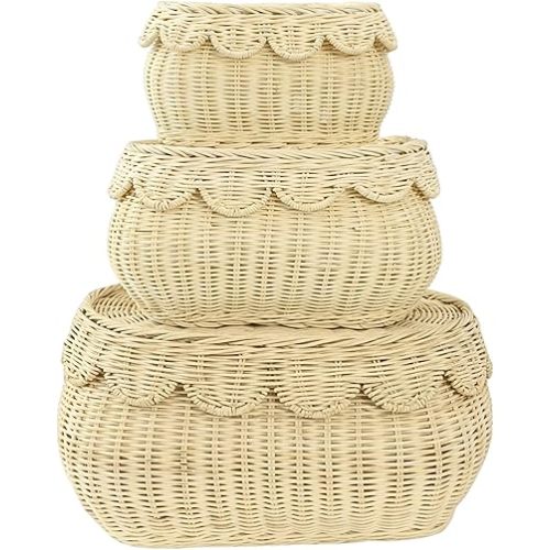 Scalloped Basket Set of 3 – Woven Seagrass Storage Baskets with Lids – Decorative Natural Bins Baskets for Organizing, Boho Home, Shelves, Bathroom Decor