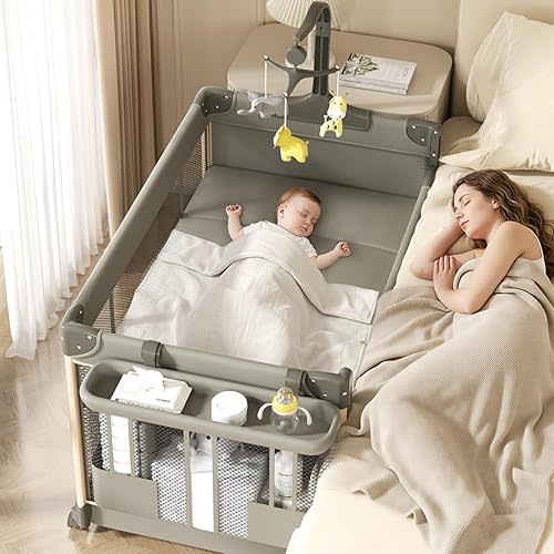 Trimigo 4-in-1 Pack and Play, Baby Bassinet Bedside Sleeper, Baby Playard, Bedside Crib with Changing Table, Folding Travel Crib with Musical Toy Rack&Bag, 4-Height Adjust, Newborn-Toddler(Olive Drab)