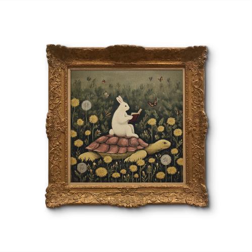 Whimsical Rabbit and Turtle Wall Art – Vintage-style Storybook Animal Painting with Reading Rabbit - Sold UNFRAMED #650