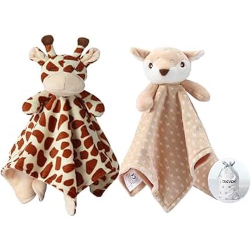 CREVENT Cozy Plush Baby Security Blanket, Loveys for Baby Girls and Boys, Birthday (Deer+Giraffe)
