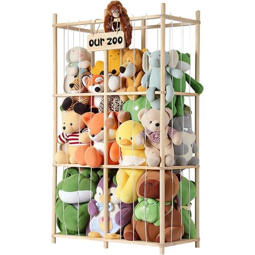 LAMU Stuffed Animal Storage, Wooden Zoo Stuffed Animal Holder with Elastic Cords, Space Save Plush Toy Cage, Double Capacity Extra Large Stuffed Animal Organizer for Playroom, Bedroom, Nursery, 31" W
