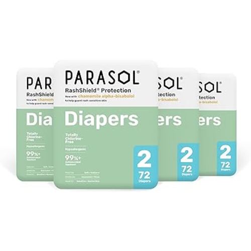 Parasol Clear+Dry Disposable Diapers, RashShield Protection and Leak-Control Fit, Hypoallergenic Diapers, Size 2 (10-18 lbs), 288 Count