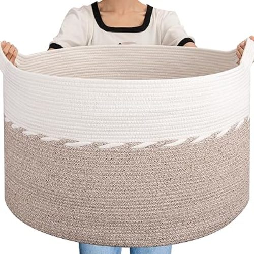 OIAHOMY 125L Extra Large Blanket Basket, Jumbo Cotton Laundry Basket Brown