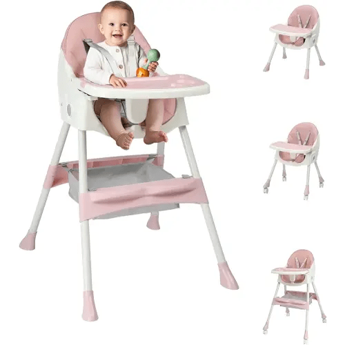 Ktaxon Foldable Baby High Chair, 2-in-1 Portable Convertible Highchair with Removable Dual-Layer Tray, 5-Point Safety Harness and Storage Bag for Toddlers & Babies, Pink