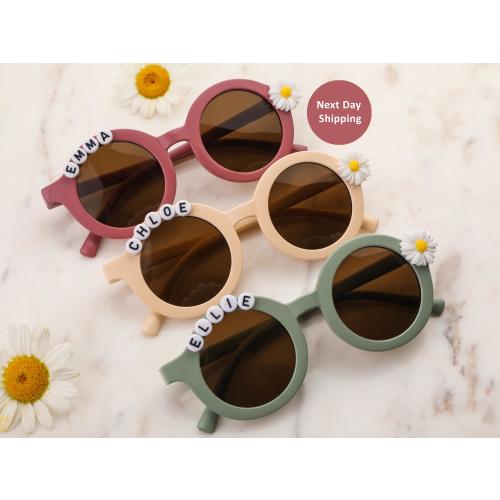 Floral Daisy Girls Personalized Name Sunglasses | Toddler Gift | Kids Gift | Babies Gift | Personalized Kids Sunglasses With Leather Case