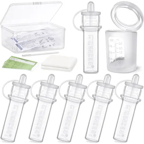 haakaa Silicone Colostrum Collector (0.2oz./6ml,6pcs) & Lidded Cup (0.75oz./25ml) Pack - Collect, Store & Feed Colostrum Ready-to-Use Pack, Reusable Colostrum Syringes Set for Liquid Gold