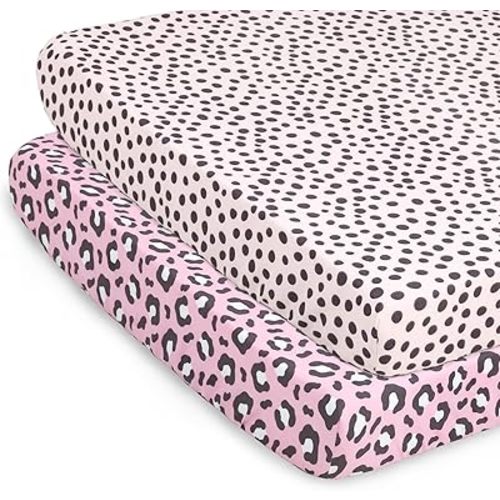 The Peanutshell Fitted Pack n Play, Playard, Mini Crib Sheets for Baby Girls | 2 Pack Set | Cheetah Animal Print