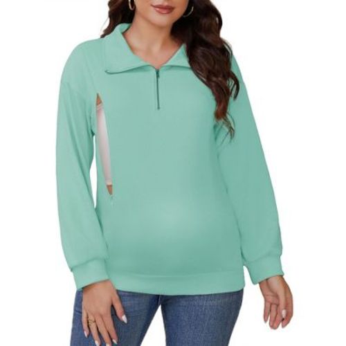 INSPIRE CHIC Women's Nursing Maternity Zipper Shirt Pregnancy Long Sleeves Polo Tops Breastfeeding Sweatshirt Large Green