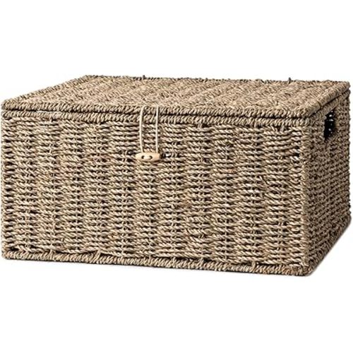 StorageWorks Seagrass Wicker Baskets for Organizing, Large Wicker Basket with Lid, Decorative Basket with Built-in Handles, Storage Baskets for Shelves, 1 Pack