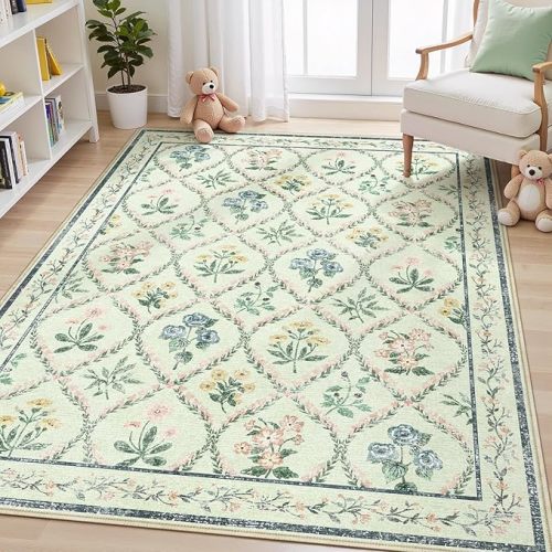 Green Nursery Rug for Baby Girl, 5x7 Washable Boho Floral Area Rug for Living Room, Cute Ultra-Thin Non Slip Indoor Girls Room Decor Carpet for Nursery Kids Room Bedroom Playroom Dorm