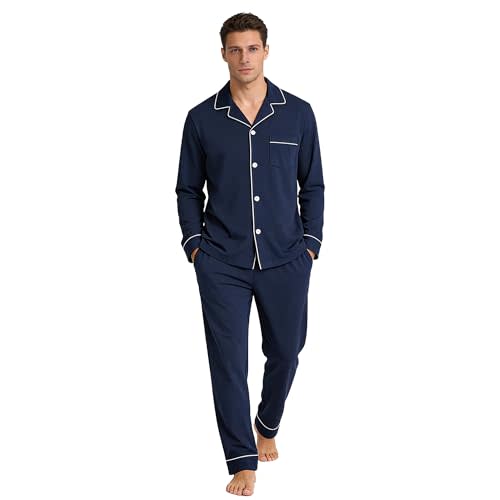 U2SKIIN Mens Cotton Pajama Set, Soft Long Sleeve Pajamas for men Lightweight Button Up Sleepwear Lounge Pjs Set with Pockets