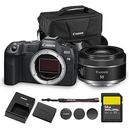Canon EOS R8 Mirrorless Camera | 24.2MP Full Frame Sensor 4K 60p Video | Compact Lightweight Hybrid Camera for Travel and Content (5803C002) + Canon RF 50mm f/1.8 STM Lens + 64GB Card + Bag