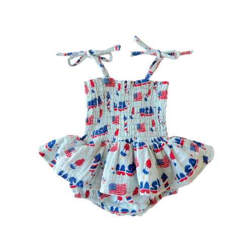 Muslin Smocked Bubble w/ Skirt, 4th of July Blue