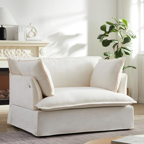 ERYE Oversized Chenille Upholstered Accent Chair with USB and Type-C Charging Ports, Modern Wider Seat Design, Throw Pillows Included, for Home Apartment Living Room