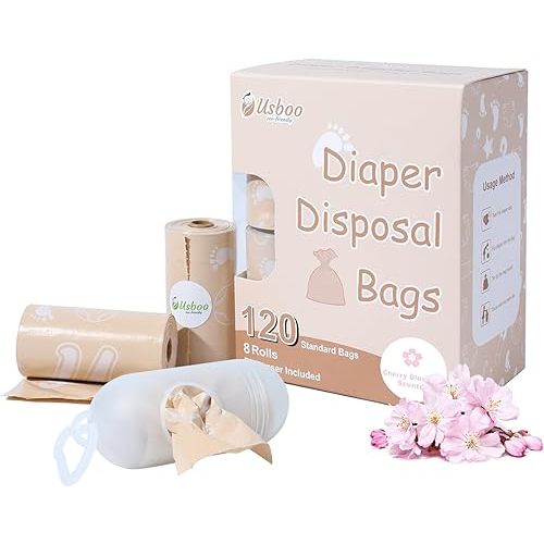 Diaper Bags Disposable for Baby, Biodegradeable Dirty Diaper Bags (8 Refill Rolls/120 Bags) with Dispenser, Leak Proof Diaper Trash Bags, Baby Poop Bags, Cherry Blossom Scent