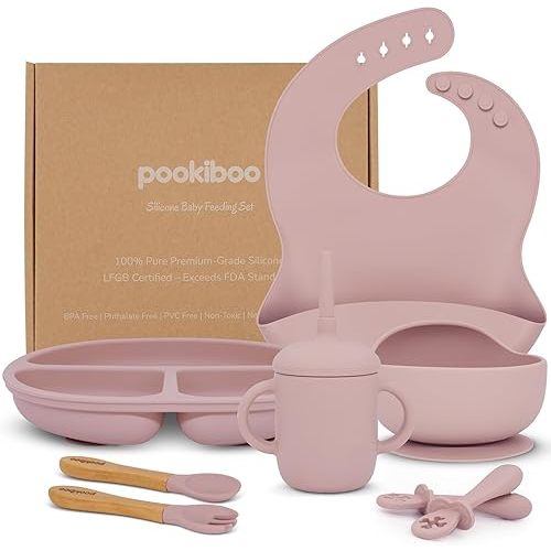 Silicone Baby Feeding Set - 100% Pure LFGB Premium Silicone - 8 Piece Feeding Set: Bib, Straw Cup, Suction Plate & Bowl, Fork & Spoon, Self-Feeding Spoons - BPA-Free, BPS-Free (PINK)