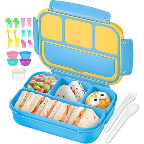 QQKO Bento Lunch Box for Kids Girls Boys, Toddler Kids Lunch Boxes for School, Lunch Containers for Adults with 4 Compartments, Sauce Container, Utensils, Food Picks and Muffin Cups, Blue